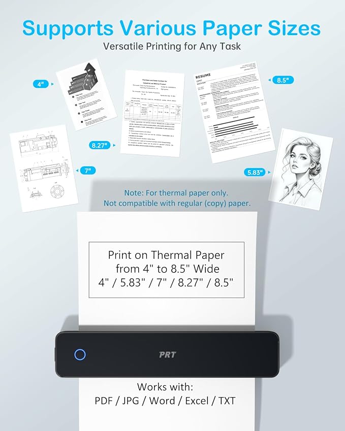 PRT Inkless Portable Printer for Travel, Wireless Thermal Printer Support 8.5 x 11 US Letter A4 B5, Bluetooth Mobile Printers for Laptop, iPhone, Android for Home, Car, Office, School, MT610 Black