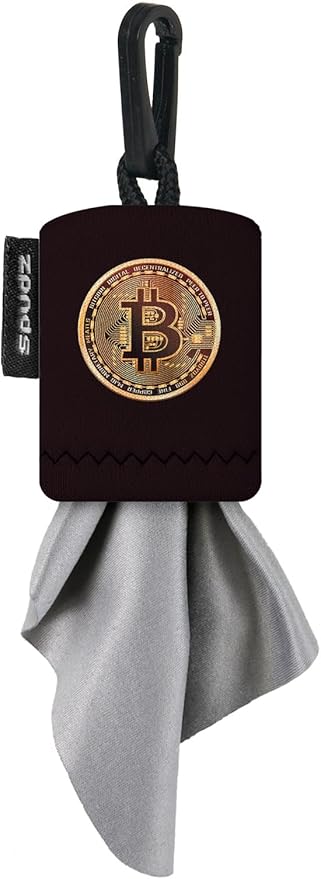 SPUDZ Classic Microfiber Lens Cleaner – Clip-On Pouch, Washable – for Binoculars, Scopes, Glasses, Screens | Classic | Bitcoin, 6 x 6 Inch