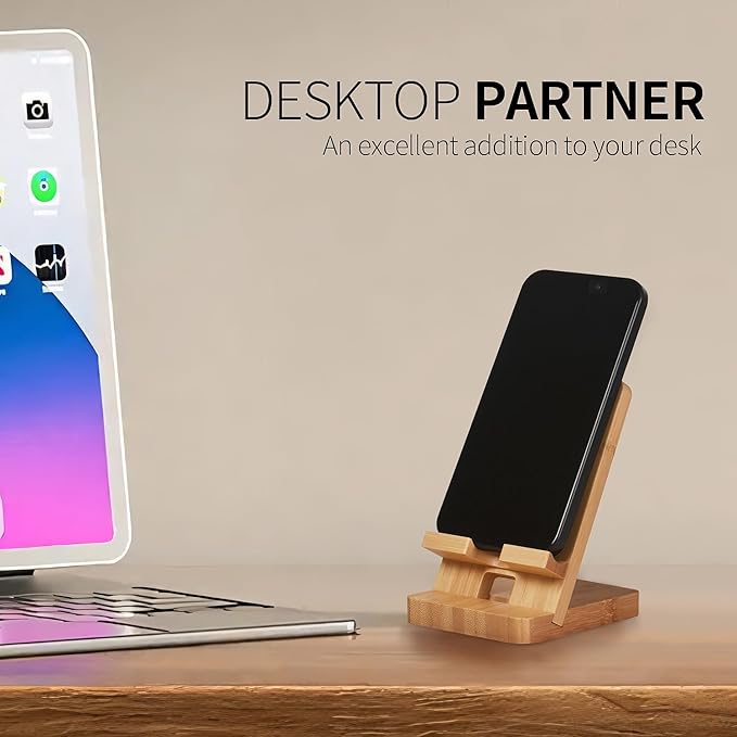 Plehood Wood Phone Stand, Desktop Wooden Phone Holder, Portable Office Phone Stand for Desk, Wood ipad Stand, Compatible with iPhone & All Cell Phones (Bamboo)