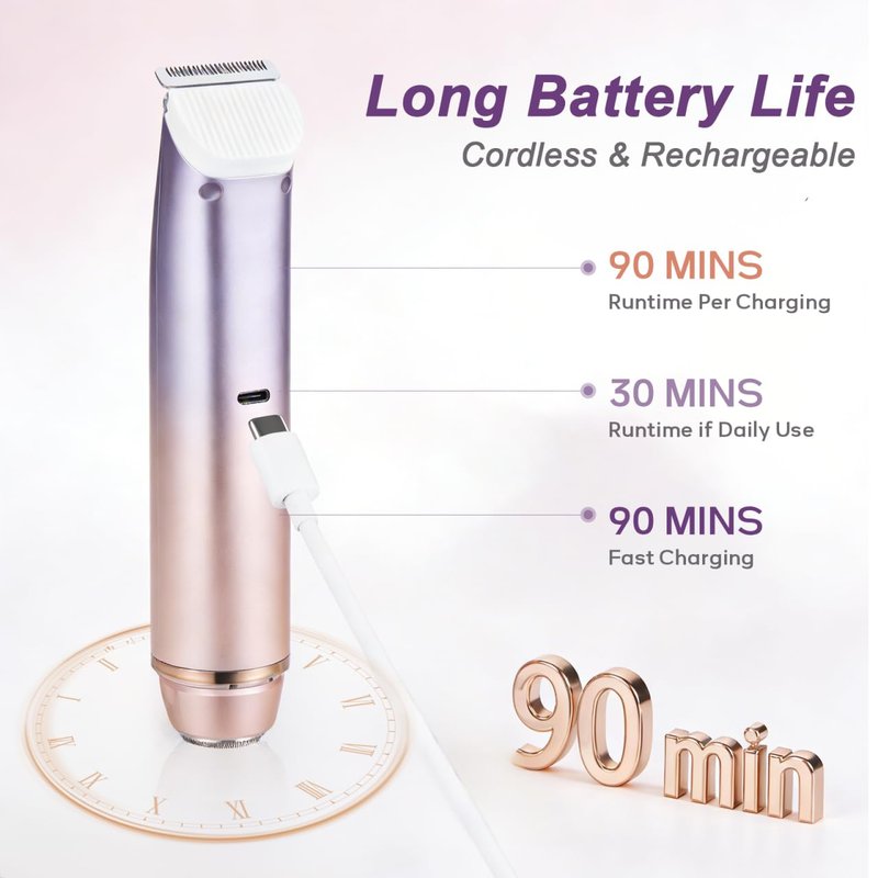 Bikini Trimmer for Women, 2-in-1 Waterproof & Cordless Dual Head Electric Razors, Painless Electric Shaver for Women, Wet/Dry Lady Shaver for Bikini Line, Face, Underarm & Legs,Purple