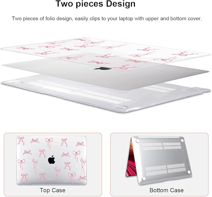 LCMOCICO for MacBook Pro 13 Inch Case 2022 M2 2020 2021 A2338 M1 A2251 A2289 with Touch Bar & Touch ID, Pattern Plastic Hard Case Keyboard Cover Screen Protector Webcam Cover Brush, Pink Bowknot