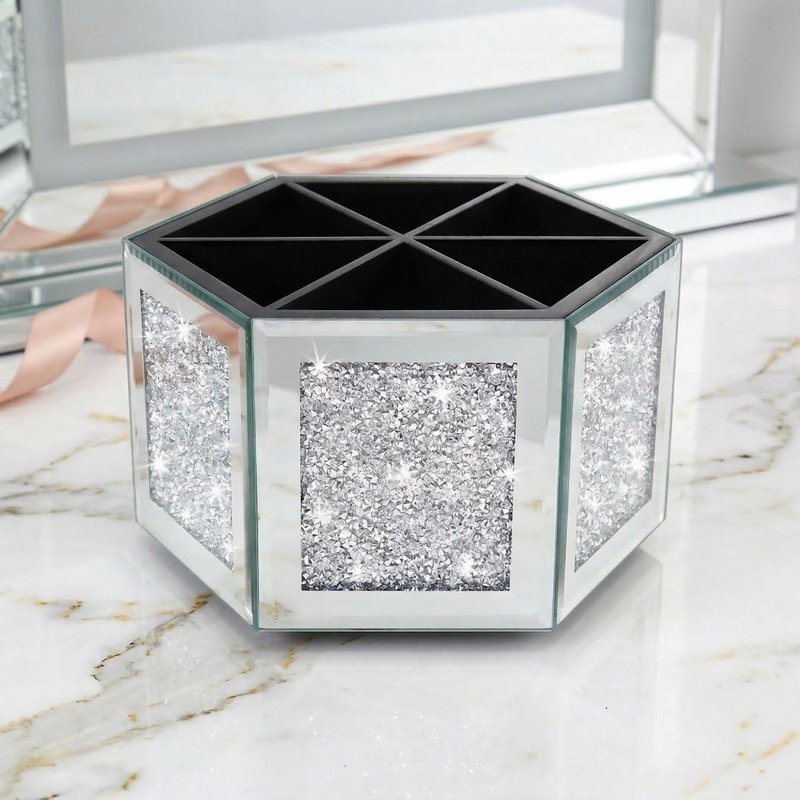 VOHJD Rotatable Multifunctional Jewelry Utensil Holder Hexagon Jewelry Make up Organizer Cups Crush Diamond Mirror Decor, brush/office pen cup holder Eyeliners Display Case for Vanity