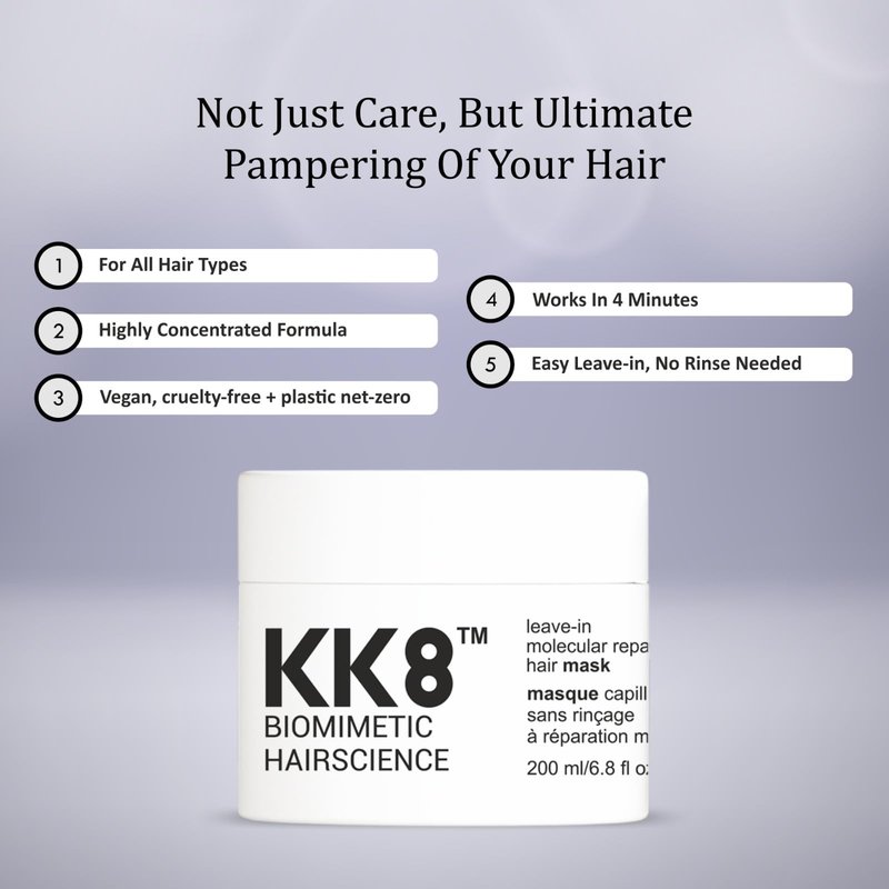 KK8 Biomimetic Hairscience Leave-In Molecular Hair Mask, Professional Repair Treatment for Damaged & Color-Treated Hair, 3.8 fl oz