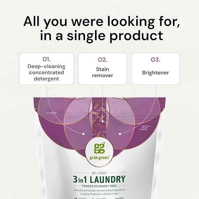 Grab Green Natural 3 in 1 Laundry Detergent Pods, Lavender + Vanilla-with Essential Oils, Organic Enzyme-Powered, Plant & Mineral-Based, White, 34 Oz, 60 Count