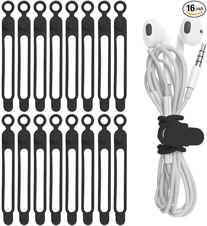 Nearockle 16Pcs Silicone Cable Ties Cord Organizer for Bundling Earphone, Phone Charger, Computer Cords, Reusable Wire Cable Management in Home,Office,Kitchen,School,Travel (Black)
