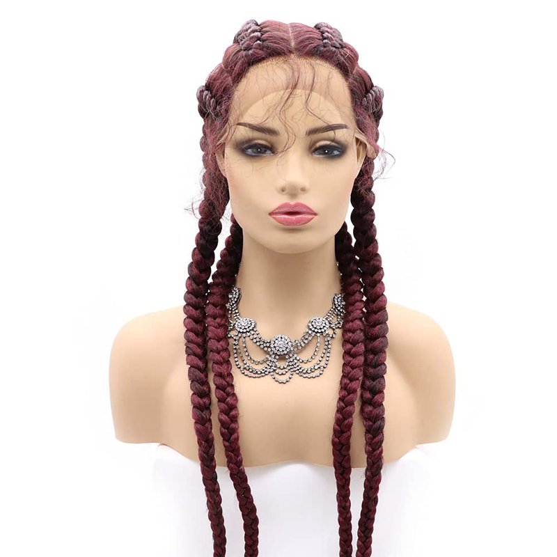 Natural-Looking Wine Red Lace Front Wig - 30 Inch Handmade Braided Wig for Women | Neatly Done Box Braids