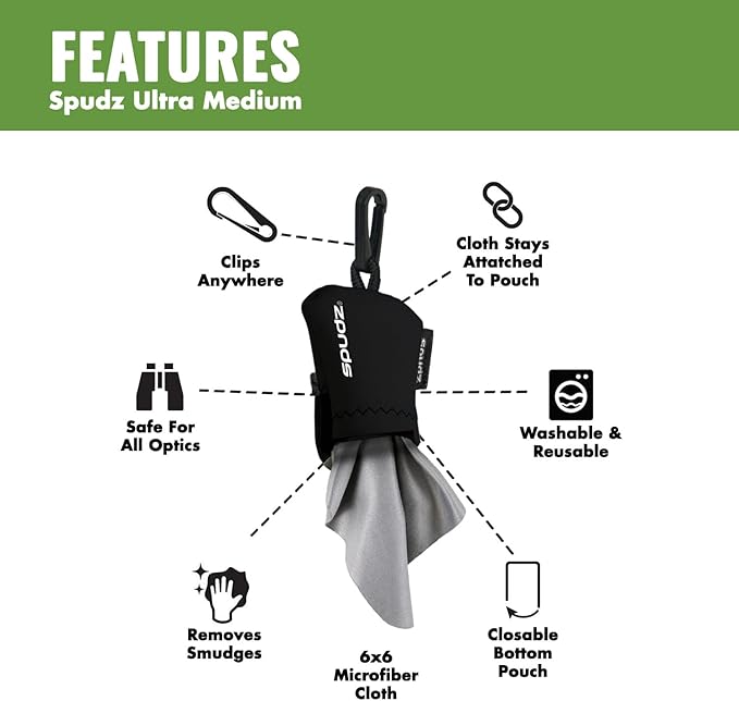 SPUDZ Ultra Microfiber Lens Cleaner with Closeable Bottom – Clip-On Pouch, Washable – for Binoculars, Scopes, Glasses, Screens | Ultra Mahi Mahi, 6 x 6 Inch