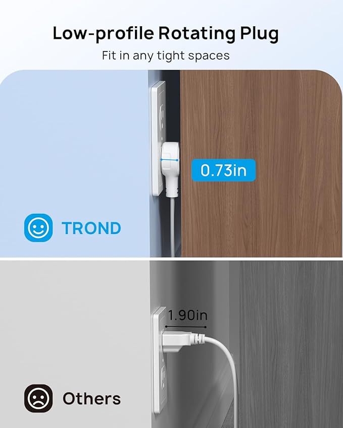 TROND Flat Extension Cord 6ft with 360° Rotating Plug, ETL Listed 3 Prong Power Strip, Low Profile Three Outlets, 13A, SPT 16/3 Gauge, Small for Tight Spaces Indoor Home Office Cruise Travel, White