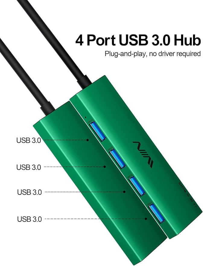 USB 3.0 Hub, 4 Port USB Hub Splitter, USB A Expander Portable USB Adapter Multiport Data Hub for Laptop, iMac Pro, MacBook Air, Mac mini/Pro, Surface Pro, USB Flash Drives, and Mobile HDD-Green