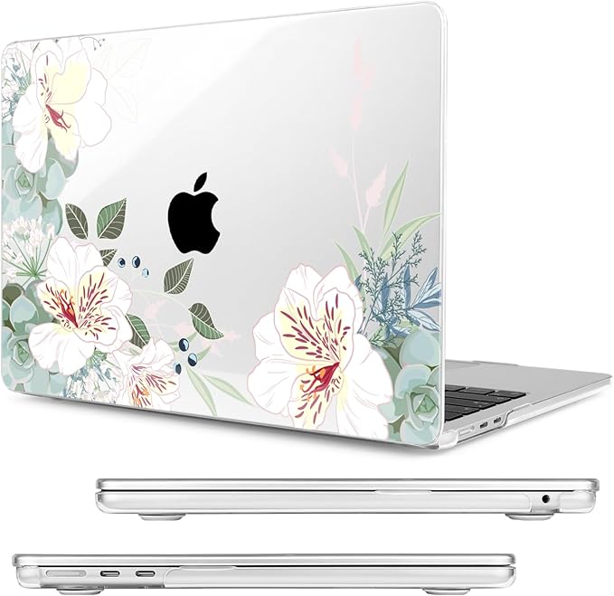 MecBevia Compatible with 2026 M5 MacBook Air 13 inch Case 2026 2025 2024-2022 M5 A3449 M4 A3240 M3 A3113 M2 A2681, Keyboard Cover, Screen Protector, Webcam Cover & Type-C OTG, White Alstroemeria