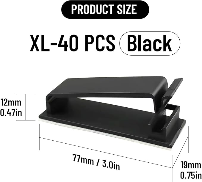 GGFOXLEW Adhesive Cable Clips Holder, Outdoor Light Clips, Black Cord Wire Clips, Sturdy Nylon Cord Wall Finisher Wire Clamp for Home, Car, Office Desk Wire Management (Black, XL-40 PCS)