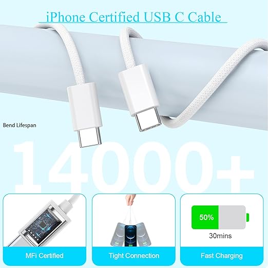 10FT Apple iPhone 17 16 15 Charger, 2-Pack Extra Long 10Foot USB C to Type C Charging Woven Cable Cord 20W USB C Charger Block Cube Super Quick Charging for iPhone 17 16 15 Pro/Plus/ProMax,iPadPro/Air