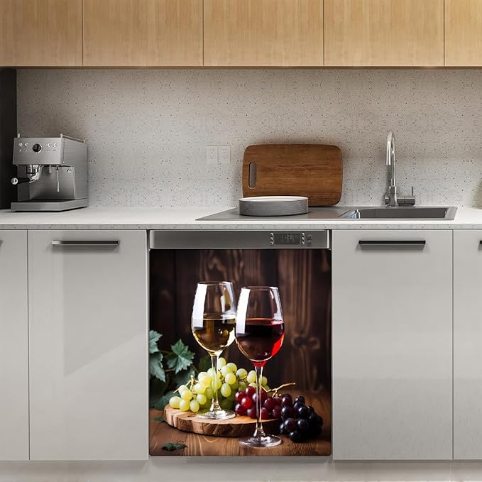 Dishwasher Magnet Cover Red Wine Glass Grapes Reusable Dishwasher Magnetic Cover Sticker Decorative Dish Washer Door Cover Panel for Home Kitcen Appliance, 21x26 in