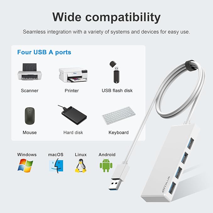 ANYPLUS USB Hub, Multiport USB Splitter Adapter, 2 ft Long Cable USB 3.0 Hub, USB Extender for Laptop, PC, iMac, Surface Pro, MacBook, Mac Pro, Flash Drive, XPS, Mouse, HDD【White】, HJ-White-0.5M-001