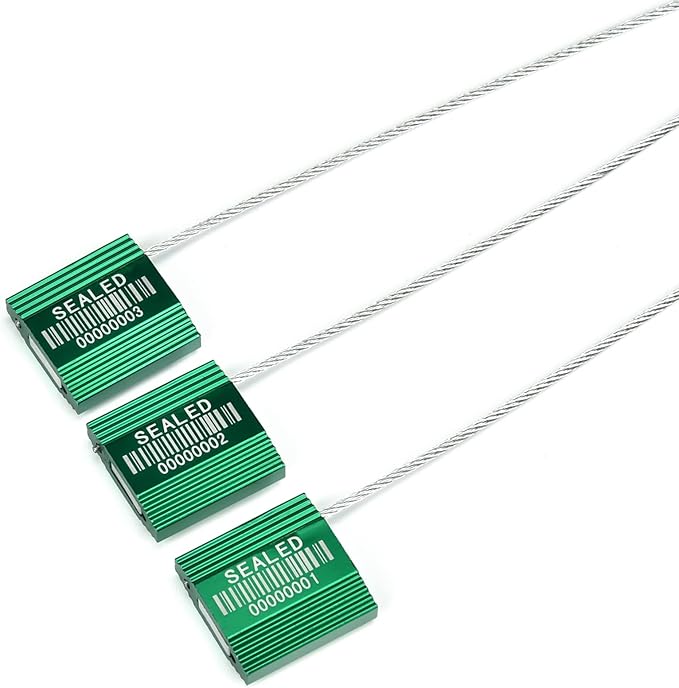 LeadSeals 100 Green Steel Cable Seals With Barcode - High Security Numbered Truck Anti-Tamper Pull Tite Tags - Metal Container Shipping Self-Locking Safety Ties ISO 17712