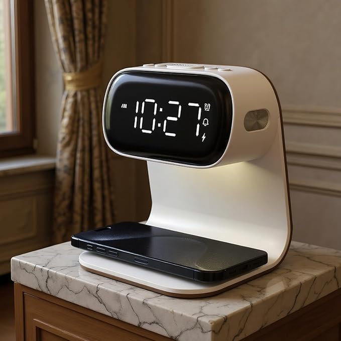 YIDPU Digital Alarm Clock with Wireless Fast Charging Station 15W Touch Smart Lamp for Bedside,3 Colors Nightlight Adjustment Night Lamp for Living Room,Bedside,Heavy Sleepers (White-01-Adapter)