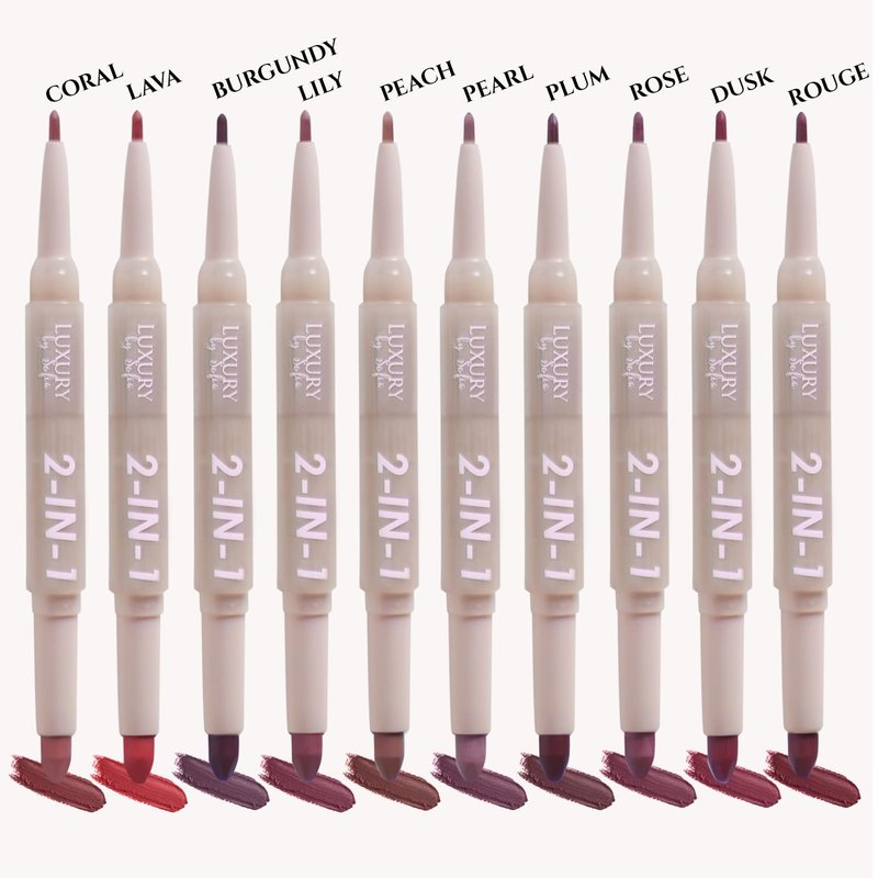 Luxury by Sofia 2 in 1 Lipstick Lipliner Retractable Pencil Semi Matte, Vegan, All Natural, Cruelty Free