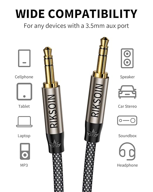 RIKSOIN 3.5mm Aux Cable, Silver-Plated Wire Core Male to Male Cord for Headphones Car Home Stereos Speaker Compatible with iPhone iPad iPod Echo -16.4FT/5M