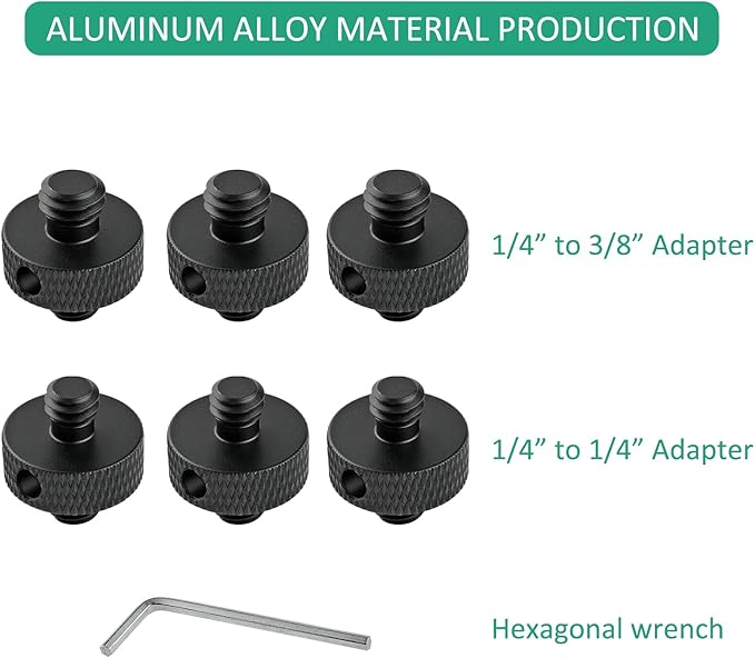Rigych Camera Mount Screw 1/4" Male to 1/4" Male & 1/4" to 3/8" Tripod Screw Adapter with Hole 7 Pcs Set for Camera Tripod Mount Light Stand DSLR Equipped with Hex-L Key (Black)