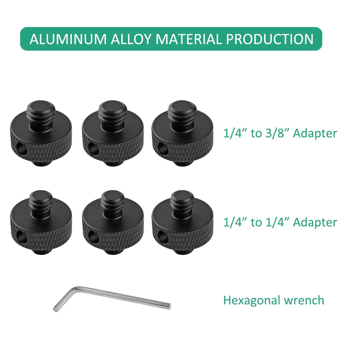 Rigych Camera Mount Screw 1/4" Male to 1/4" Male & 1/4" to 3/8" Tripod Screw Adapter with Hole 7 Pcs Set for Camera Tripod Mount Light Stand DSLR Equipped with Hex-L Key (Black)
