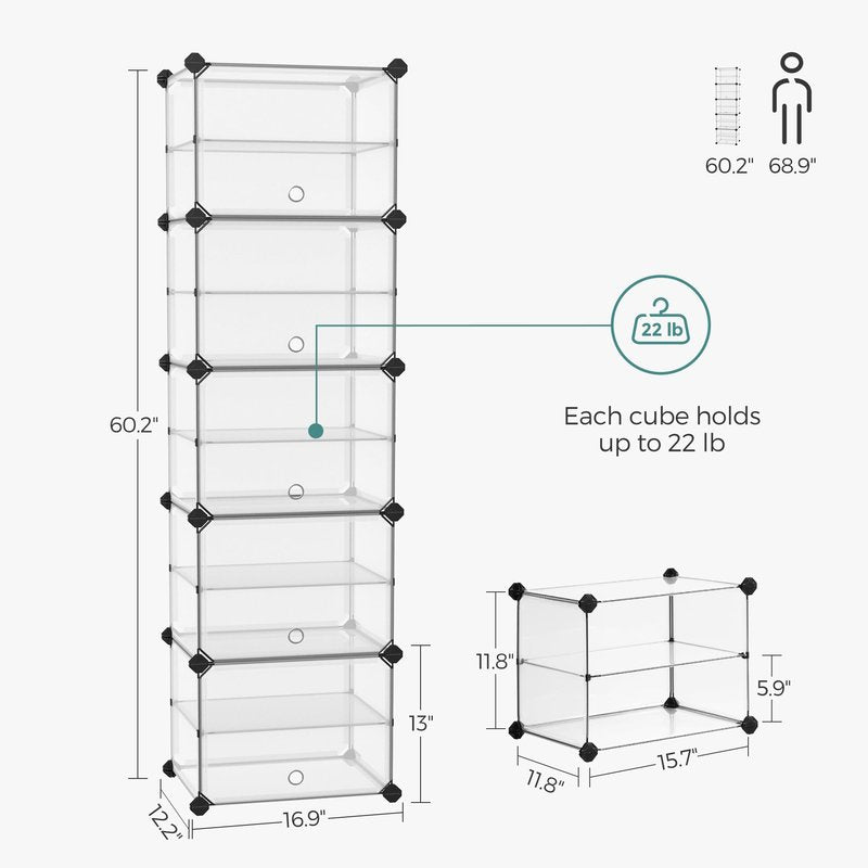 SONGMICS Shoe Rack, 10-Slot Storage Organizer Unit with Doors, Portable Cube Shoe Storage Organizer, Plastic Modular DIY Storage Shelf, Closet Divider for Clothes Bags Toys, Transparent ULPC506T01