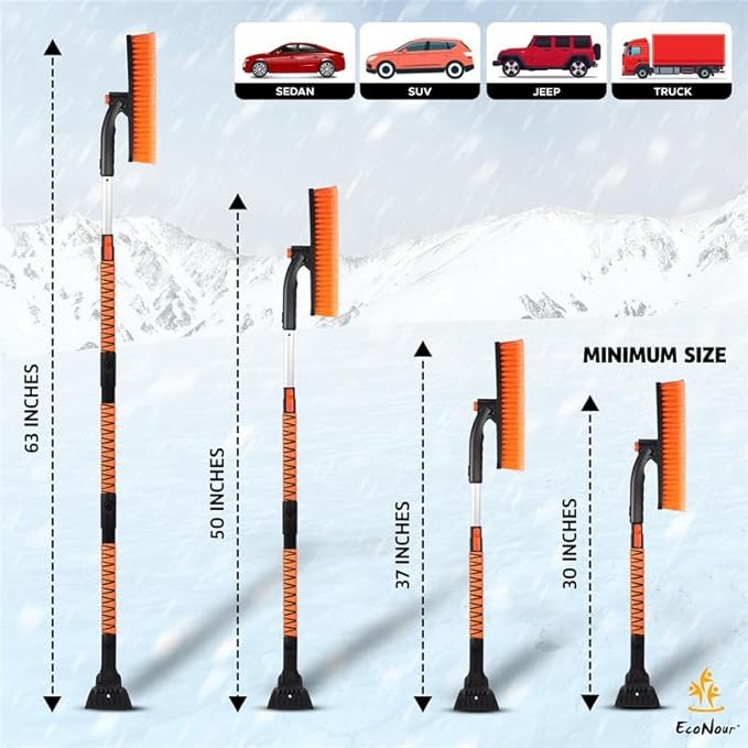 EcoNour 63" Extendable Snow Brush & Ice Scraper with 360Â° Pivoting Head | Telescopic Aluminum Handle | Extra Long Snow Brush for Car Windshield, Roof & SUVs | Heavy Duty Ice Scraper for Trucks
