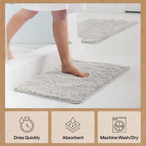GORILLA GRIP Bath Rug Mat - Soft Absorbent Chenille | Quick Dry Microfiber, 42x24, Light Gray