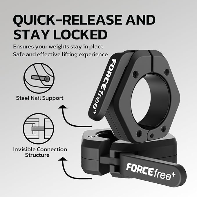 Forcefree+ Barbell Clips (Pair), Barbell Clamps, Quick Release Olympic Barbell Clamps with Anti Slip TPR Grip, Barbell Collars for Secure Weightlifting & Powerlifting (Non Magnetic, Black)
