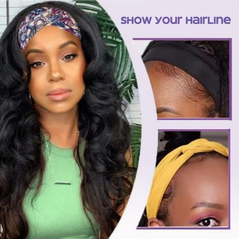 Headband Wig Human Hair Body Wave Wigs None Lace Front Wigs 100% Human Hair Brazilian Virgin 180% Density Natural Color (14inch)