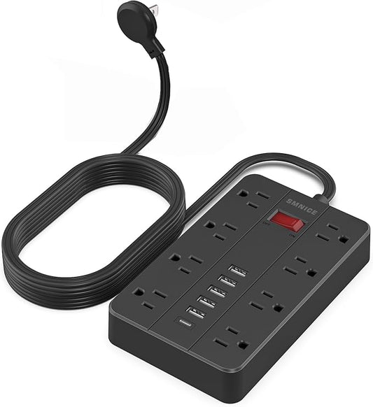 10 Ft Extension Cord Power Strip, SMNICE 8 Widely Spaced Outlets and 6 USB (1 USB C) Charging Ports Flat Plug Power Strip, Desktop Power Cord for Travel Home Office Accessories Black