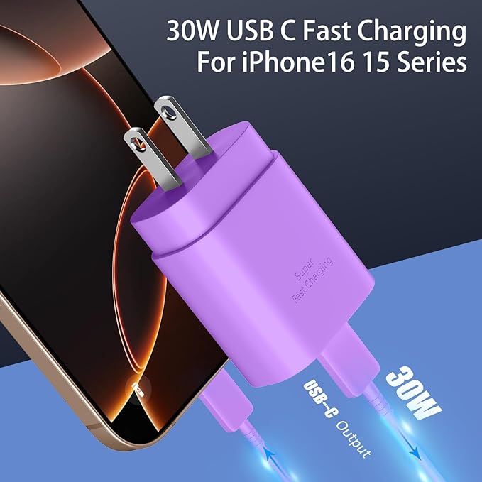Phone 17 16 15 Charger Fast Charging,30W USB C Phone 17 16 15 Pro Max Charger Block &6.6FT Long Type C Cable Cord for i.Phone 17/Air/17 Pro/17 Pro Max/16/16 Plus/16Pro/16 Pro Max/15/15 Pro Max,Purple