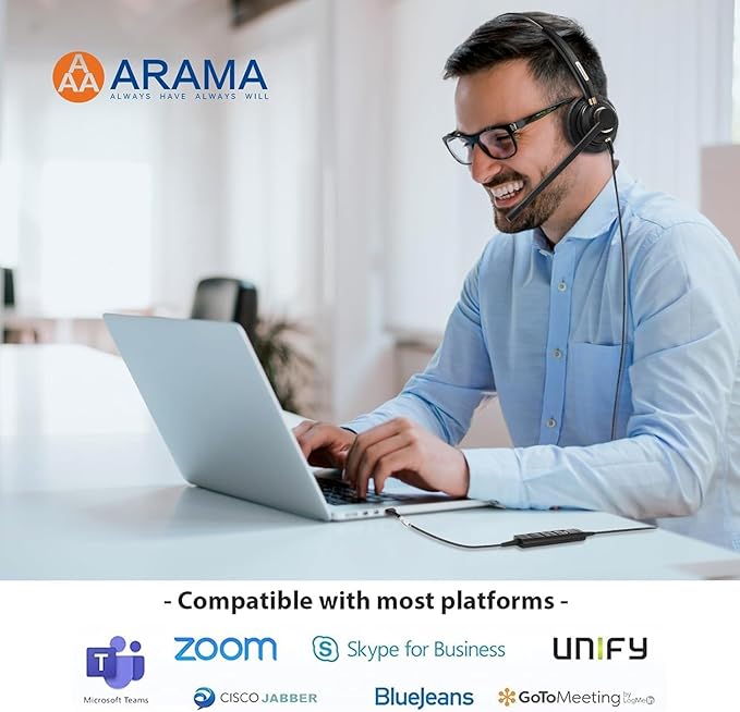Arama USB Headset with Microphone for PC, Noise Cancelling & Audio Controls Ultra Comfort USB Headphone for Computer Laptop Pc Business Skype UC Webinar Call Center Office