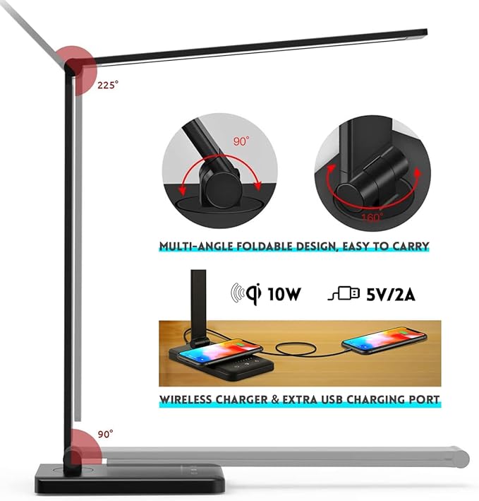 JOSTIC LED Desk Lamp with Wireless Charger, USB Charging Port, 10 Brightness, 5 Color Modes, Desk Lamps for Home Office, Dimmable Table Lamp Eye Caring Reading Light, Touch Control, Auto Timer, Black