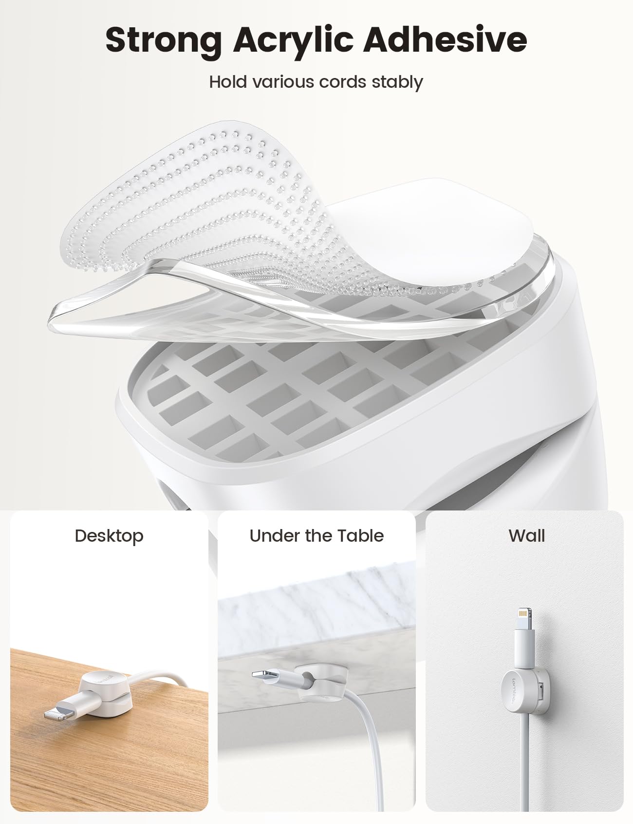 Lamicall 8 Pack Cord Organizer, [1s Lock] Spring Cable Management Clips - Adhesive Phone Cord Holder Clips for Nightstand Desk Car Office Home College Dorm Room, Desk Organizer Accessories, White