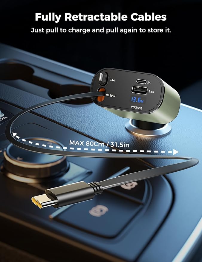 SUPERONE 5 in 1 Retractable Car Charger with Dual Type C Cables, 90W Fast Charging USB C Car Accessories Adapter for iPhone 17/16/15/14/13/12, iPad, Galaxy, Pixel
