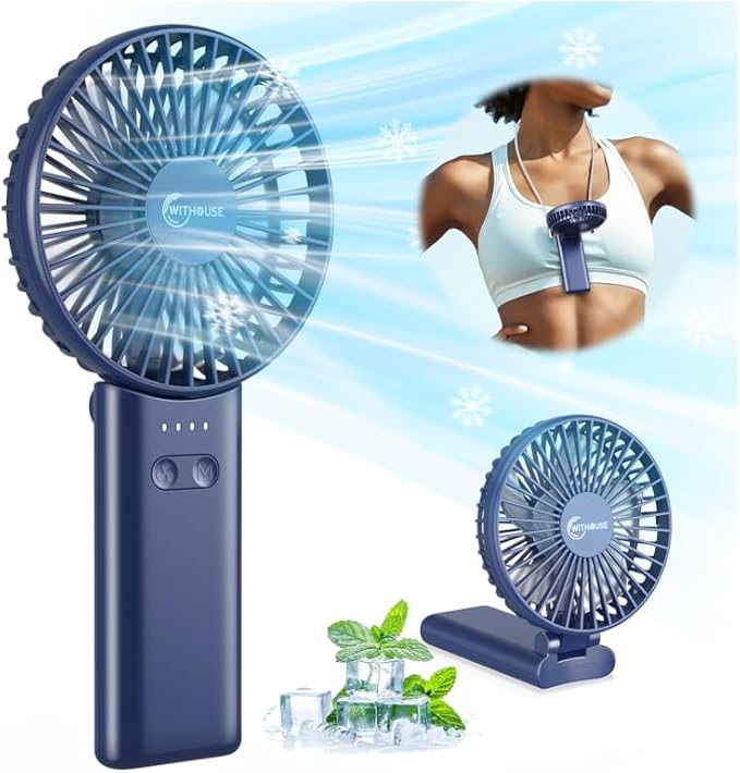 WITHOUSE 【SUPER THIN】 Portable Handheld Fan, 2025 Upgraded Strong Airflow, 20Hrs Runtime, 5000mAh, 180° Foldable, 5 Speeds, 3-IN-1 Mini Hand/Desk/Neck Fans, Travel Essentials Gifts for Women, Men