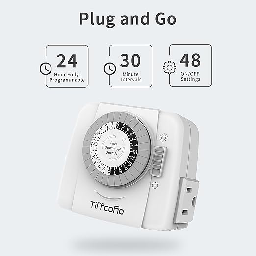 TiFFCOFiO Indoor Mechanical Outlet Timer, 3 Prong Timers for Electrical Outlets, 24-Hour Programmable Plug in Light Timer, ETL Listed (2 Outlets,1 Pack)