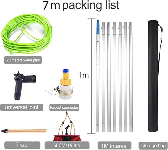 7m/23ft Water Fed Telescopic Window Cleaning Pole Extendable Cleaning Brush, Hose Fed Extendable Extended Window Cleaner Brush Tool Kitï¼50cm Brush 7m Poleï¼