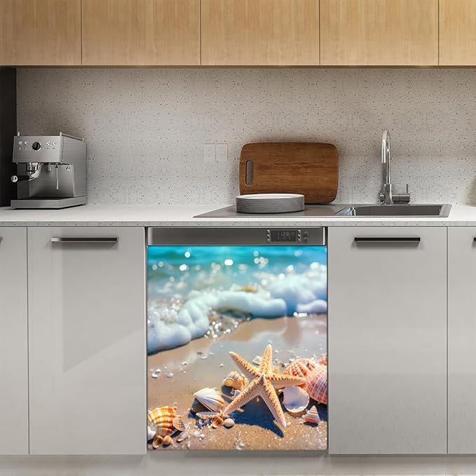 Dishwasher Magnet Cover Sea Beach Starfish Seashell Reusable Dishwasher Magnetic Cover Sticker Decorative Dish Washer Door Cover Panel for Home Kitcen Appliance, 21x26 in
