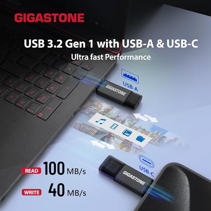 GIGASTONE 64GB Dual USB Flash Drive 5-Pack, USB 3.2 Gen 1, 2-in-1 USB C+A, Speed Up to 100MB/s, Head Cap Design Thumb Drive, Plug & Play for Smartphone/PC/Mac/TV/Car Audio, USB 2.0/3.0/3.1 Compatible