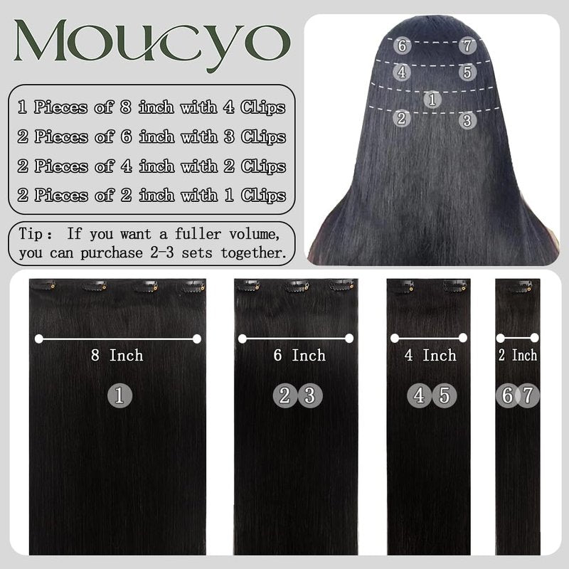 Moucyo Clip in Hair Extensions Real Human Hair 100% Brazilian Remy Human Hair Seamless Invisible clip on hair extensions for women Double Weft 7pcs 16 Inch 85g #1B Natural Black