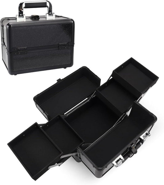 Makeup Train Case - 10.2" Hard Vanity Organizer with 4 Trays | Lockable Starry Black Travel Case for Artists