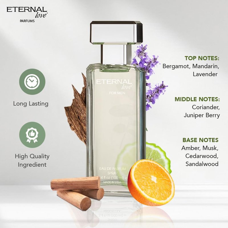 Eternal Love for Men - Long Lasting Eau de Parfum Spray - Premium Clean Fragrance with Amber & Cedarwood - Fresh Sophisticated Scent - 3.4oz