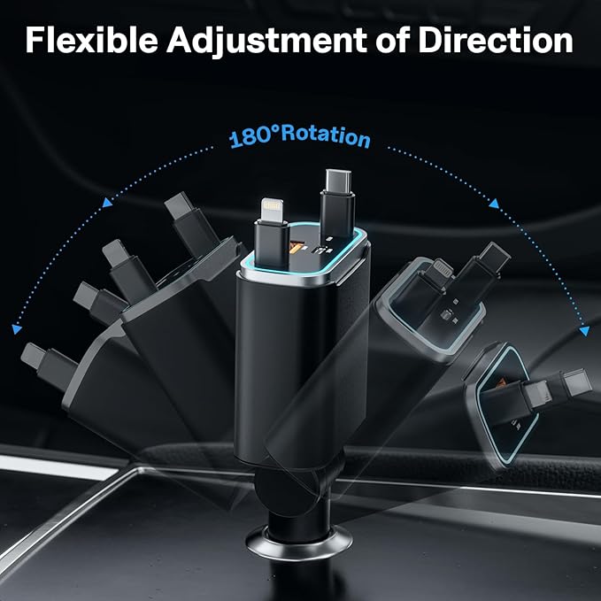 Retractable Fast Car Phone Charger Adapter 131W, Retractable Cables (31.5 inch) & 2 USB Ports for iPhone 16/15/14/13/12/11 Pro/Samsung