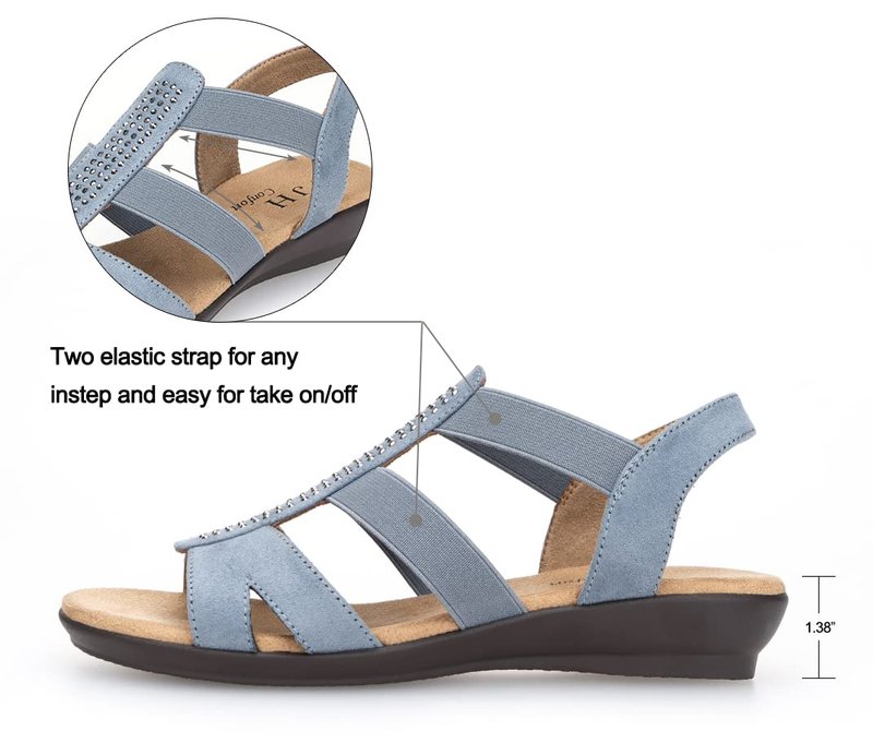 VJH confort Women's Flat Sandals with Rhinestone Open Toe Elastic Slip On Slingback Comfort Casual Walking Sandals (Dusty Blue,8)