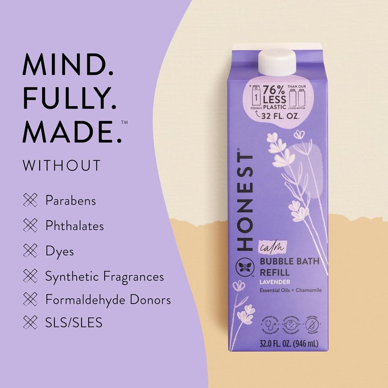 The Honest Company Foaming Bubble Bath Refill, Lavender Calm Scent, Tear-Free, Hypoallergenic, Naturally Derived, Gentle for Baby, 32 fl oz