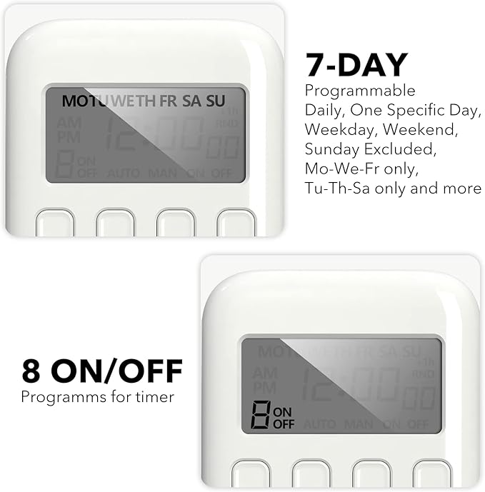 BN-LINK Indoor Digital Timer Outlet, Single Outlet 7 Day Programmable Light Switch, 3 Prong Plug in Timers for Electrical Outlets, Lamps, Fans, 8 On/Off Programs, 1 Pack, 15A/1875W, ETL Listed