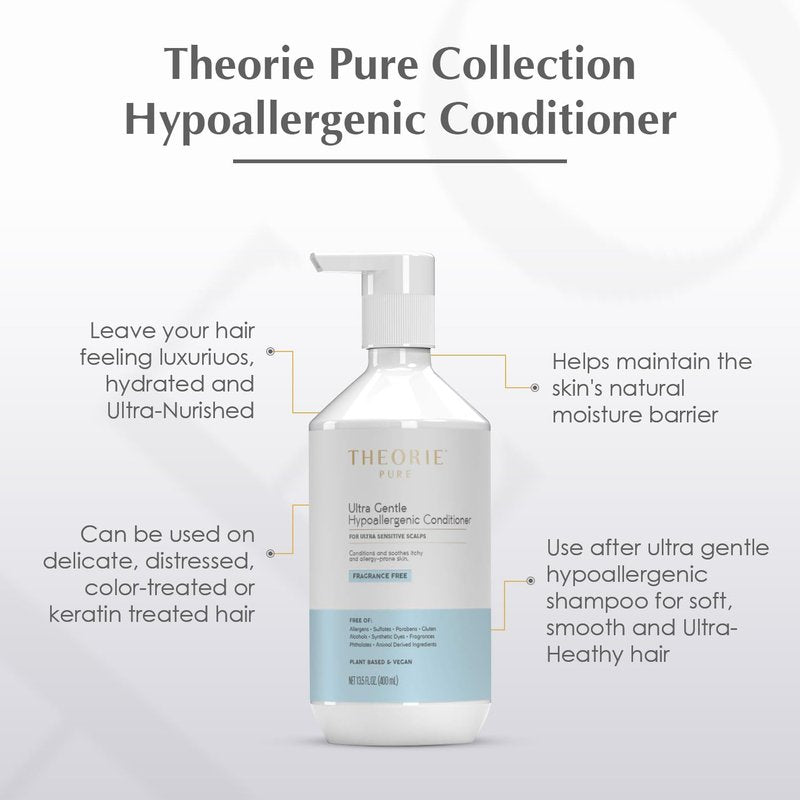 Theorie Pure Ultra Gentle Hypoallergenic Conditioner - Vegan, Plant-Based Formula for Itchy Skin | Fragrance-Free, 400mL Pump Bottle
