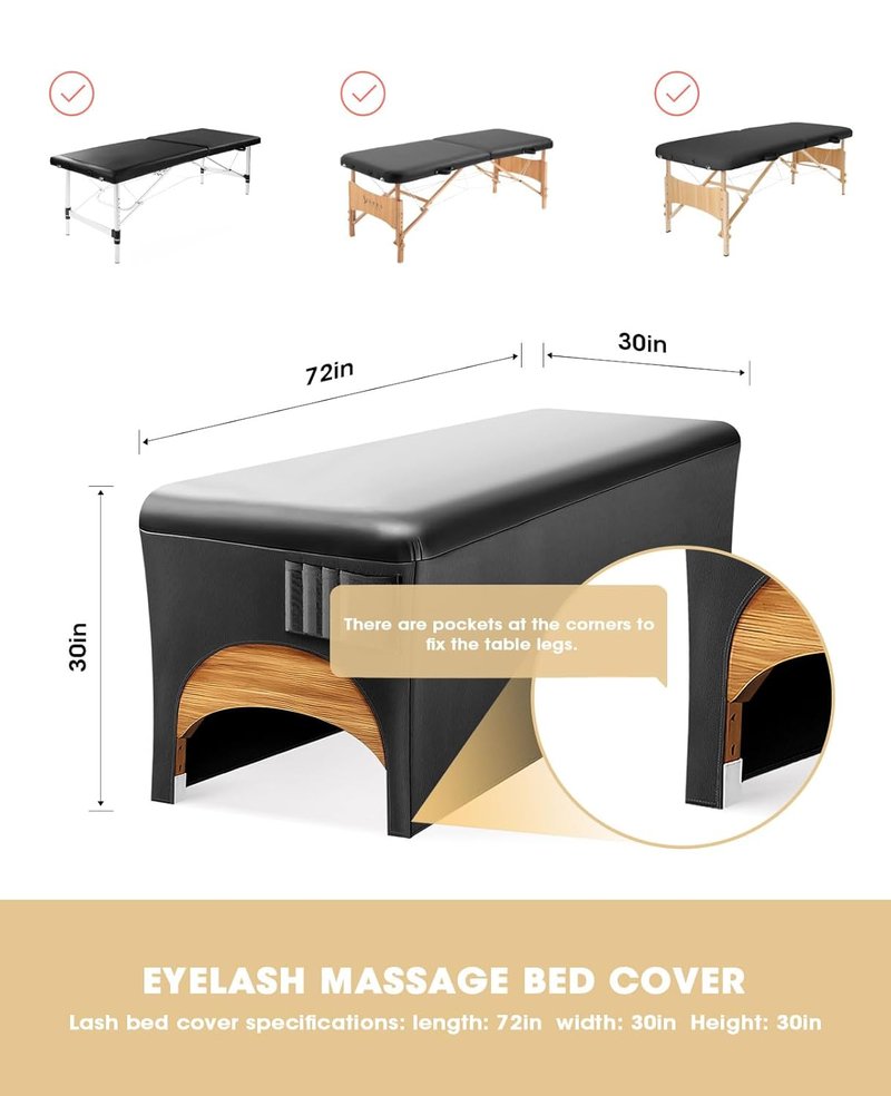 Lash Bed Cover for Eyelash Extensions - Waterproof PU Leather & Stretchy Spandex | 6ft Black Massage Table Cover with Side Pocket