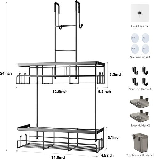 Aitatty Over The Door Shower Caddy - Rustproof Black Hanging Organizer | No Drilling Bathroom Rack